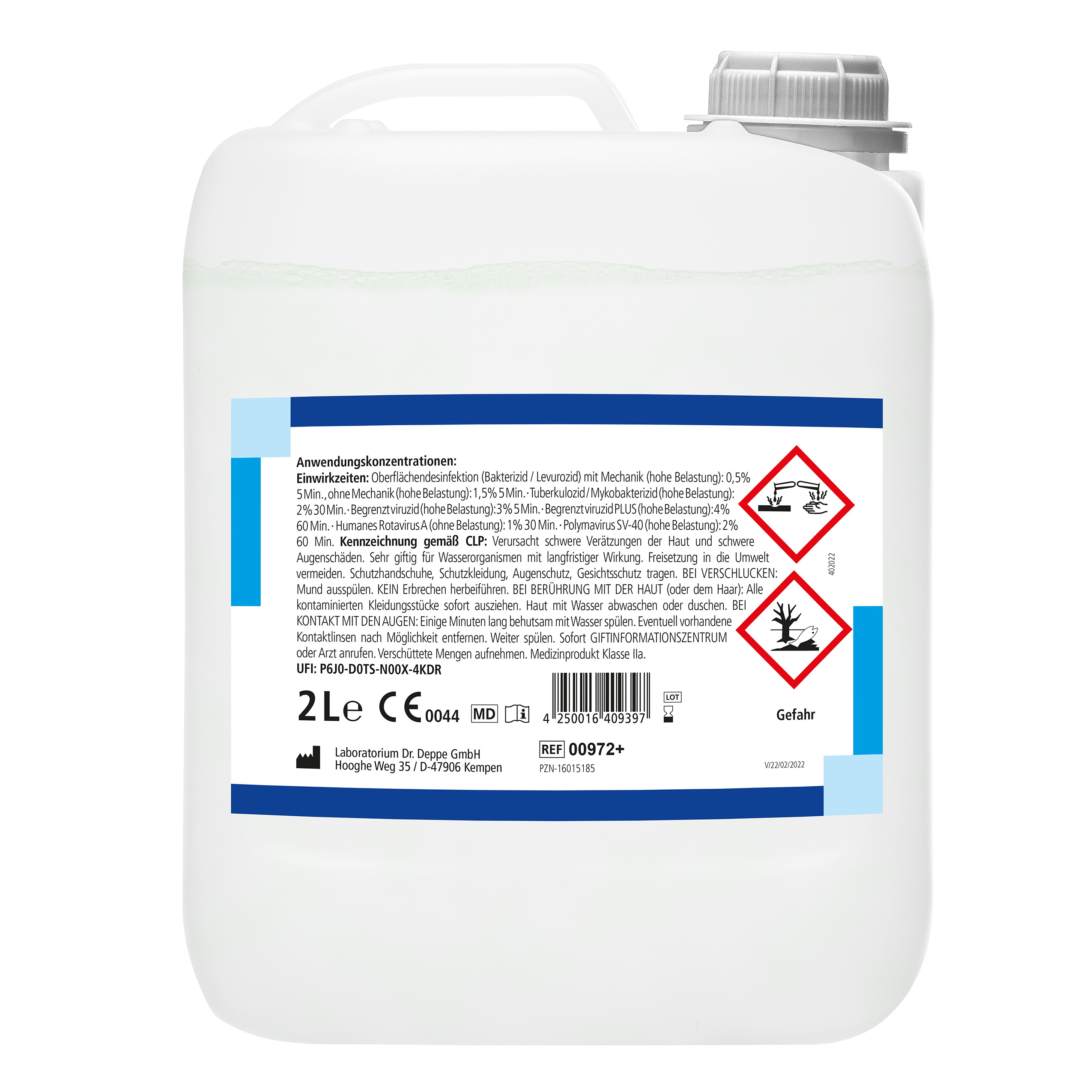 Plastikkanister mit Konzentrat zur Flächendesinfektion von hinten