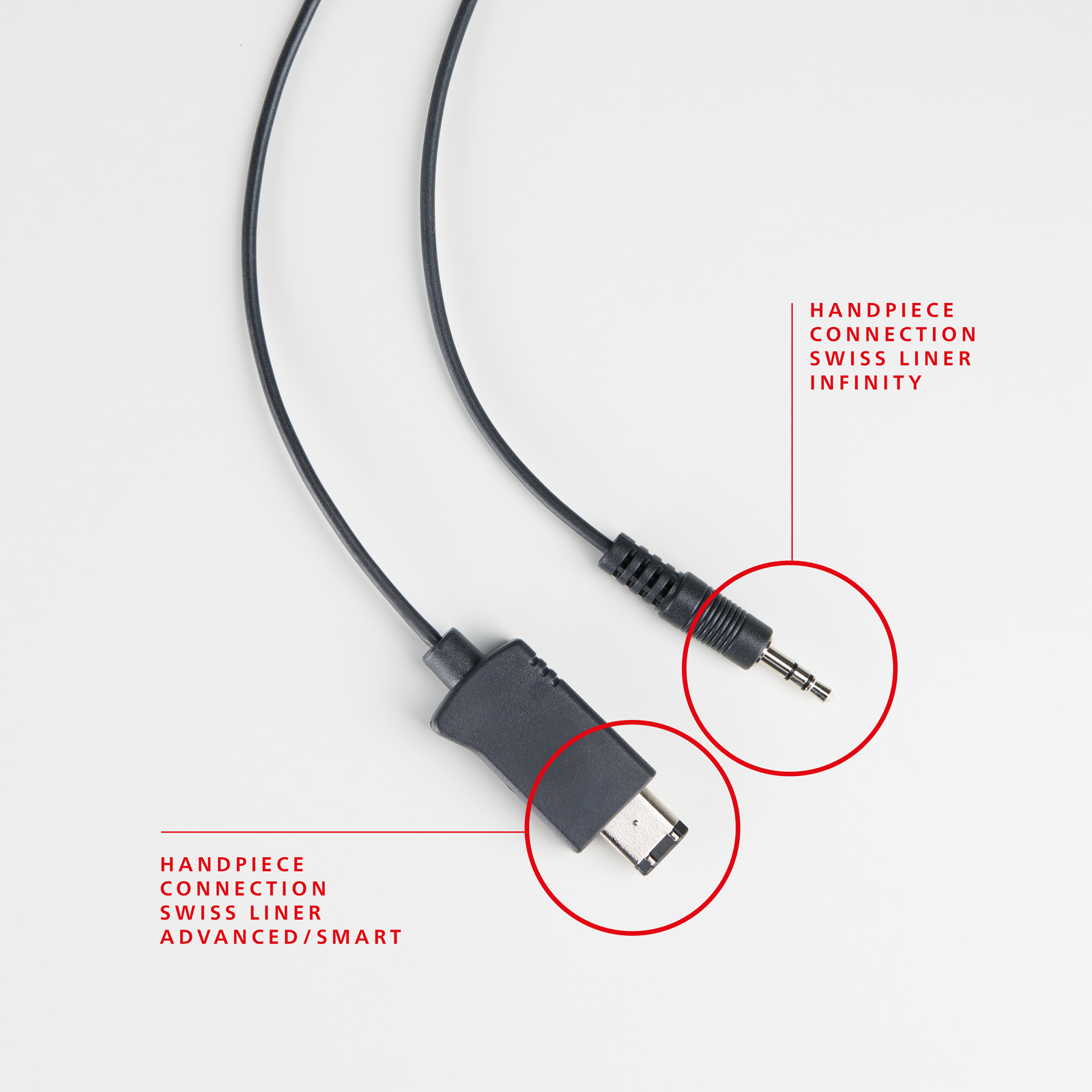 Abbildung der verfügbaren Anschlusskabel für die Permanent Make up Geräte Swiss Liner Infinity, Advanced und Smart