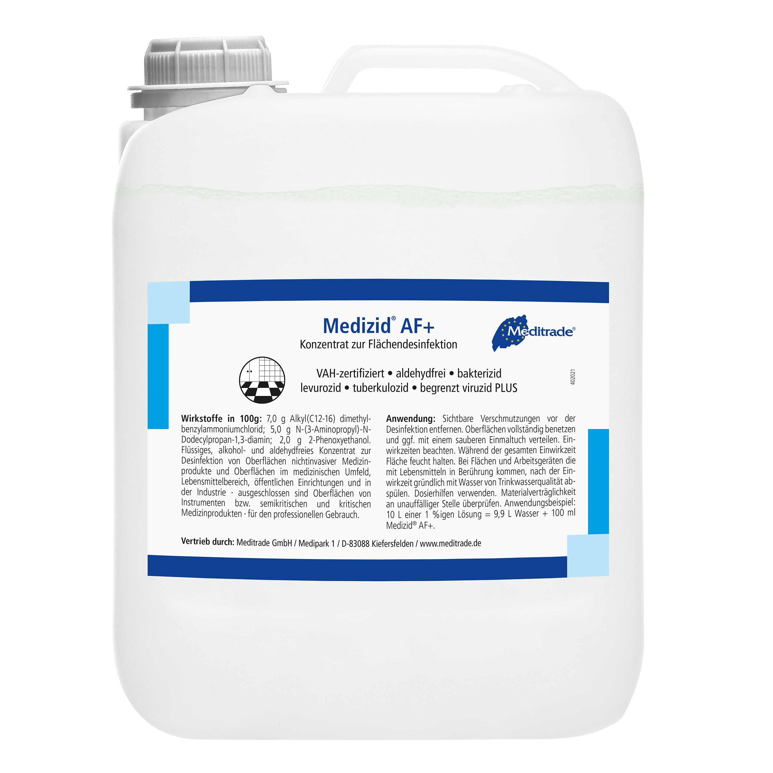 Plastikkanister mit Konzentrat zur Flächendesinfektion von vorne